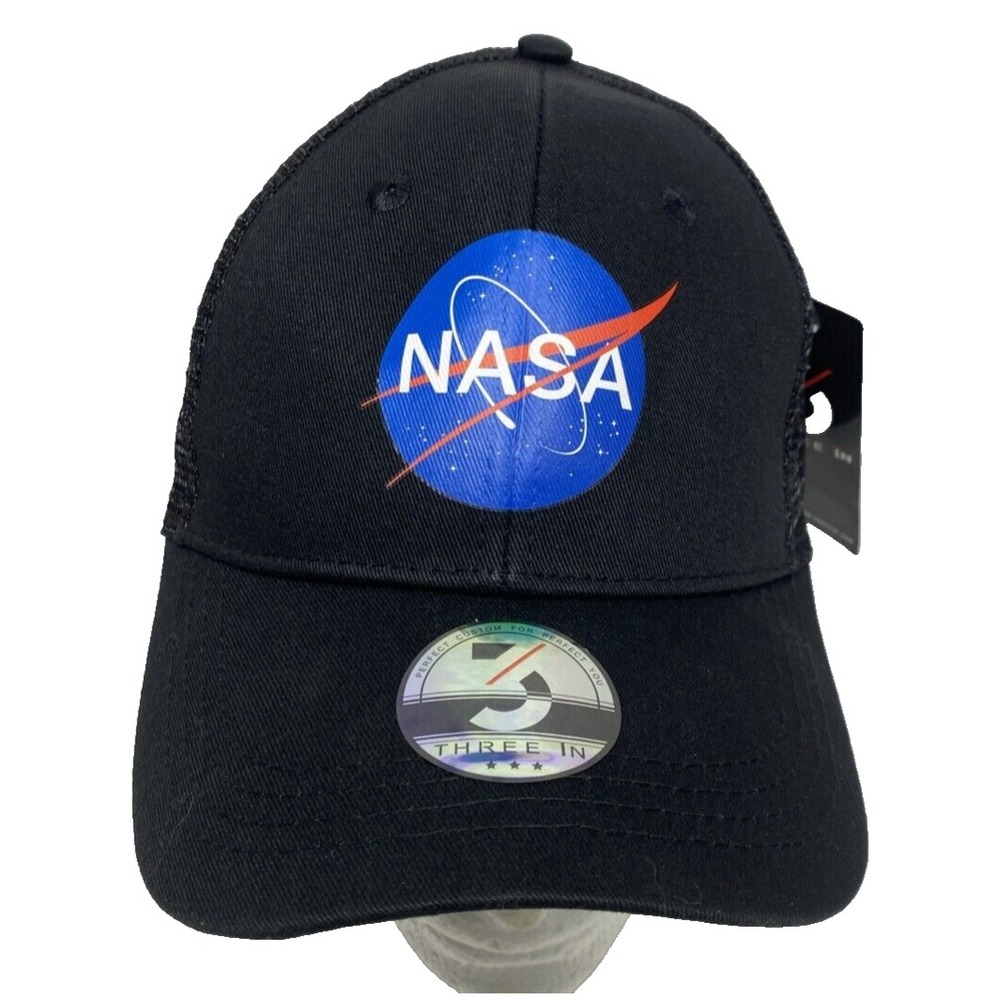 NASA Black Mesh Hat Cap Front  Logo Snap Back Outer Space Astronaut Three‎ In